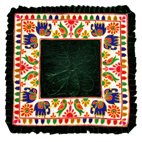 Dark green velvet Elephant Pooja Aasan rug with embroidered elephant borders