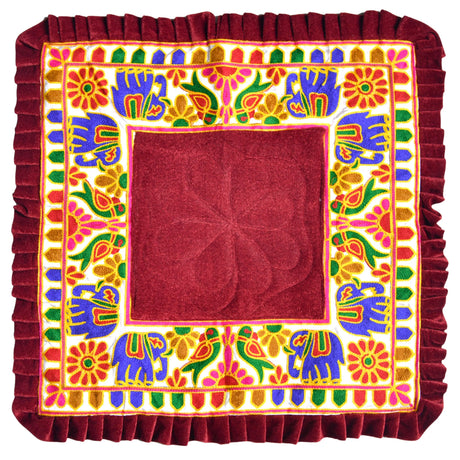 Deep red velvet Elephant Pooja Aasan with blue elephant embroidered border