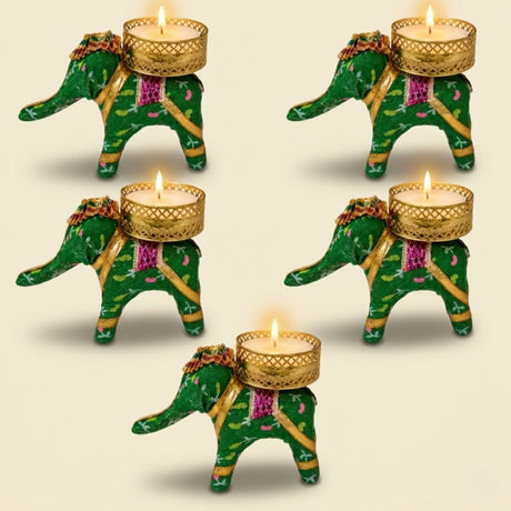 Green elephant-shaped tea light candle holders with gold accents and embroidery for diwali and home decor centerpiece