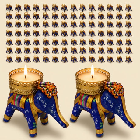 Blue elephant-shaped tea light candle holders with gold accents and intricate patterns for festive home decor