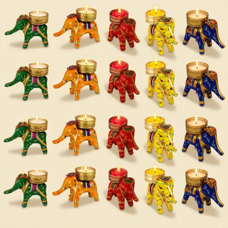 Colorful elephant-shaped tea light candle holders with intricate painted designs and golden accents for festive decor