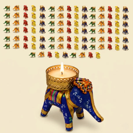 Blue elephant tea light candle holder with gold accents and embroidered details for Diwali and home decor