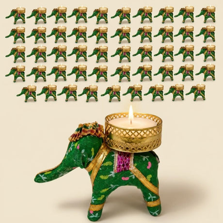 Green elephant-shaped tea light candle holder with gold accents and intricate embroidery for diwali decor