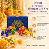 Colorful handcrafted elephant-shaped tealight holders in blue green red and yellow for Diwali and Christmas gifts