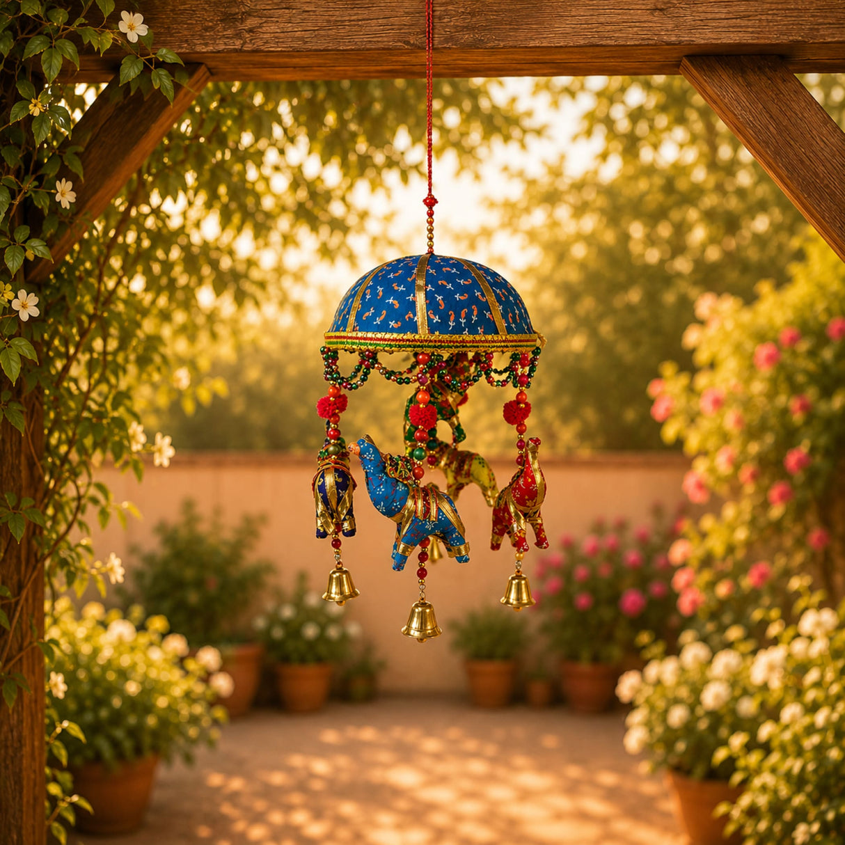 Blue and gold ornamental elephant umbrella door hanging with bells in traditional rajasthani ethnic style for home decor