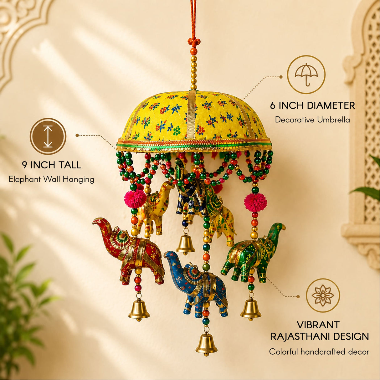 Vibrant yellow and green elephant umbrella door hanging with beads bells and tokri for traditional rajasthani home decor