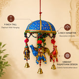 Vibrant blue and gold elephant umbrella door hanging with colorful handcrafted elephants beads and bells for home decor