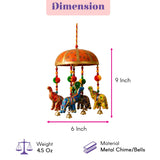 Colorful hand-painted metal elephant mobile with decorative orange canopy and hanging bells for home office decor