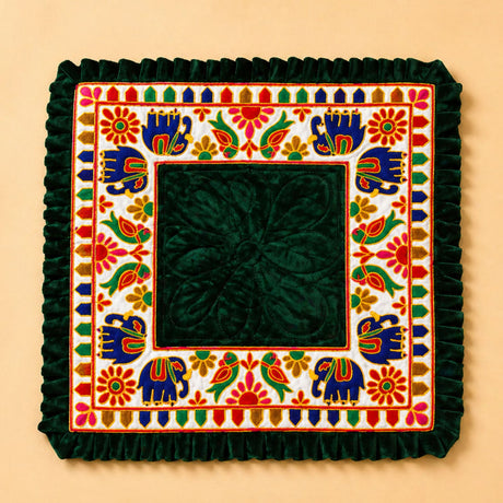 Elephant pooja aasan velvet prayer mat with dark green cushion, floral design, and colorful embroidered elephants