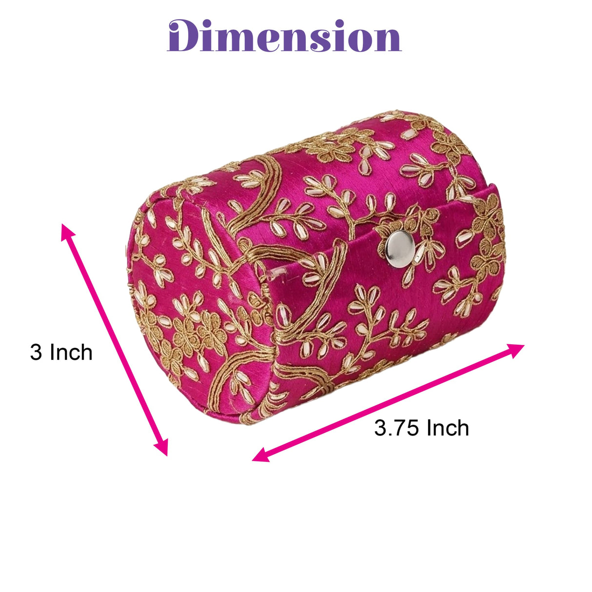 A vibrant fuchsia satin jewelry roll with gold floral embroidery and silver snap closure for bangle organizing