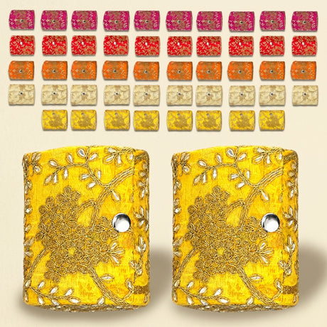 Yellow embroidered fabric pouches with gold thread and pearl embellishments for bangle organizing box storage bag