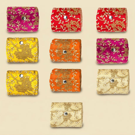 Vibrant embroidered fabric pouches in pink red yellow and orange with gold floral patterns for bangle organizing box
