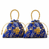 Designer potli bag royal blue embroidered drawstring bag with gold floral patterns and beaded handles for weddings