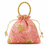Designer potli bag pink satin with gold floral embroidery pearl accents and beaded golden handle for weddings and gifts