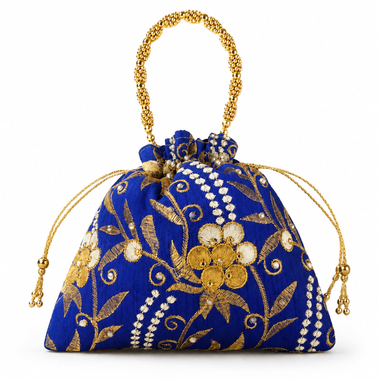 Designer potli bag royal blue embroidered drawstring pouch with gold threadwork pearl accents floral motifs for weddings