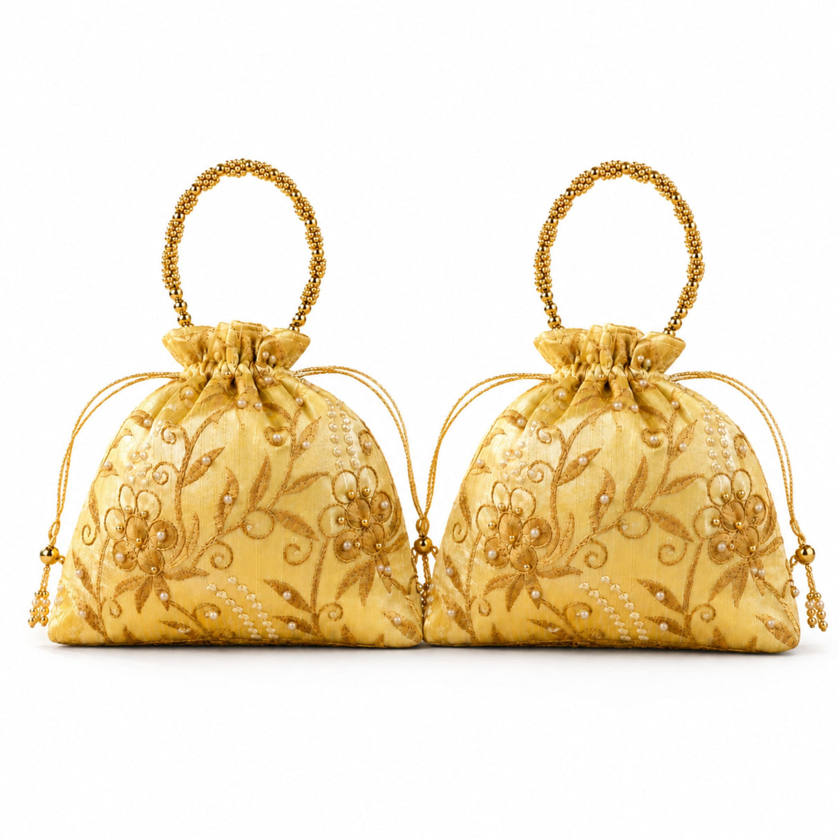 Designer potli bag golden embroidered drawstring pouch with beaded handles and pearl accents for weddings and gifts