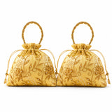 Designer potli bag golden embroidered drawstring pouch with beaded handles and pearl accents for weddings and gifts