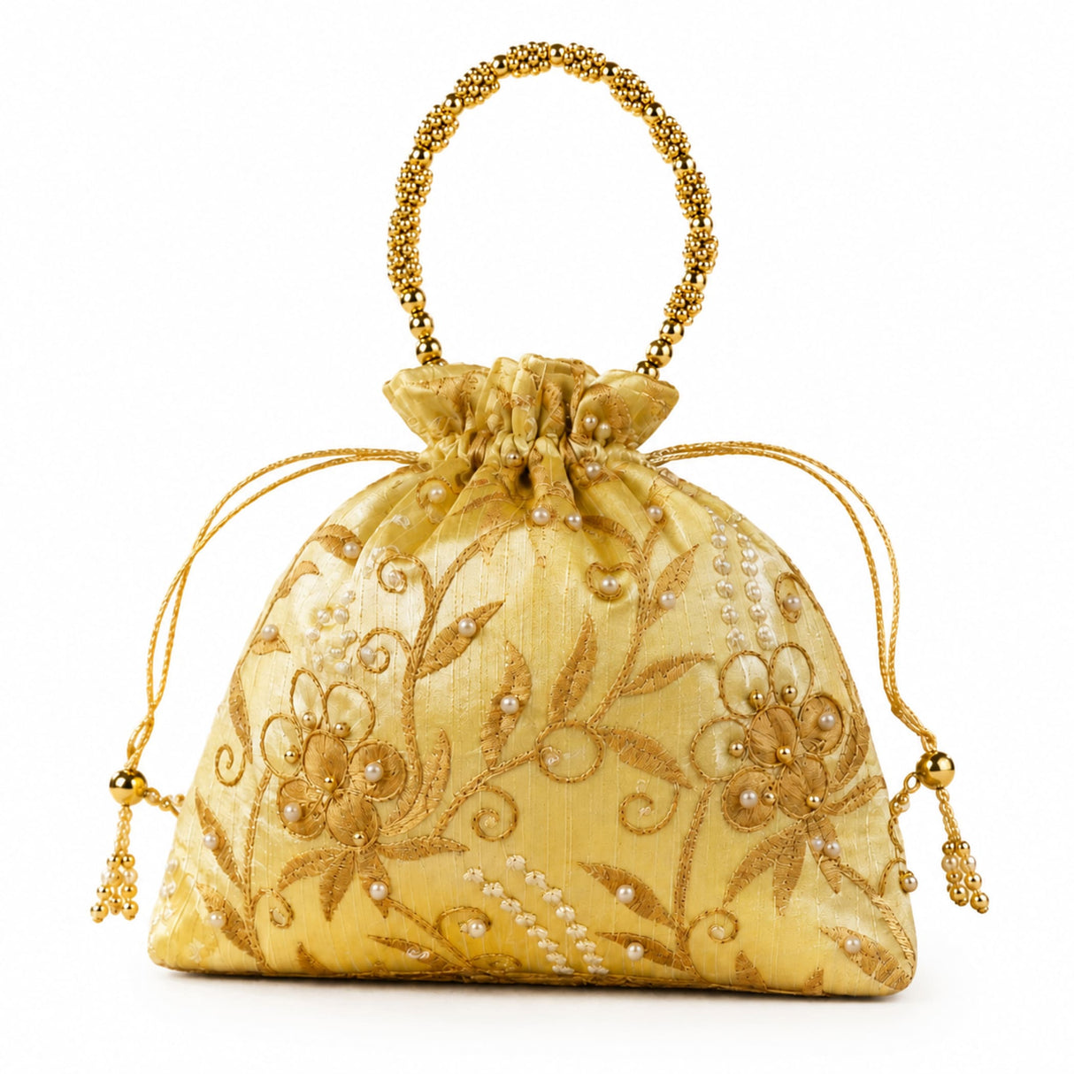 Designer potli bag golden yellow embroidered floral detail with pearl embellishments and beaded handle for weddings