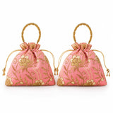 Designer potli bag pink satin with gold floral embroidery and beaded handles for weddings and party favors