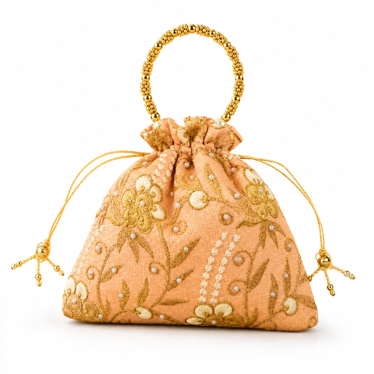 Designer potli bag in peach color with gold embroidered floral patterns pearl accents and beaded golden handle for weddings
