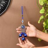 Blue Evil Eye Hamsa Hand Wall Hanging with Bells and Metal Frame