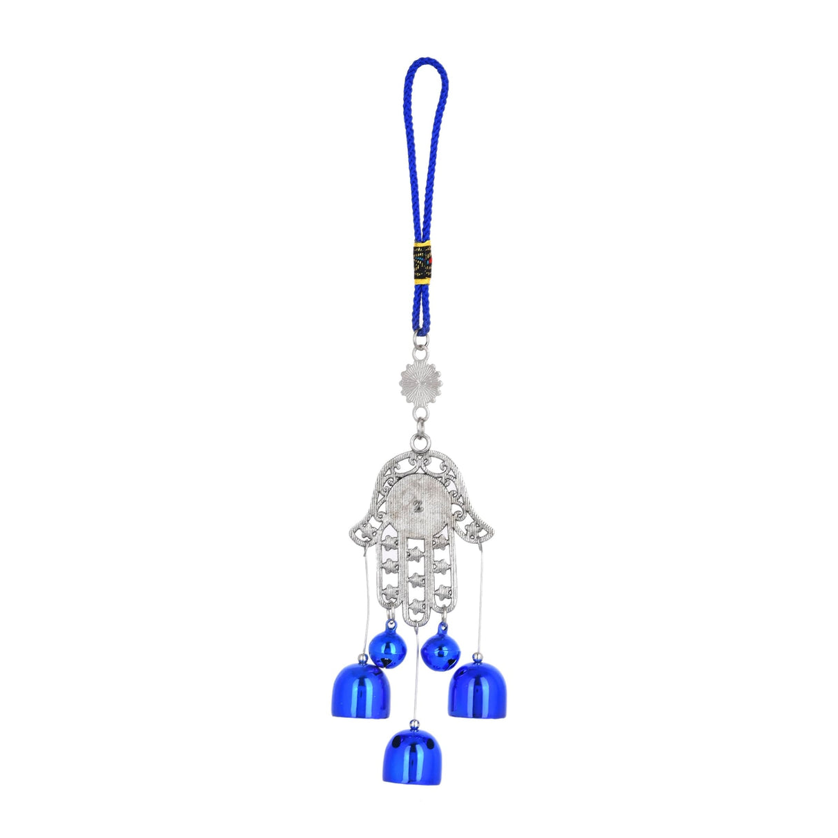 Silver Hamsa Hand Evil Eye Charm with Blue Bells on Navy Cord