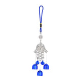Silver Hamsa Hand Evil Eye Charm with Blue Bells on Navy Cord