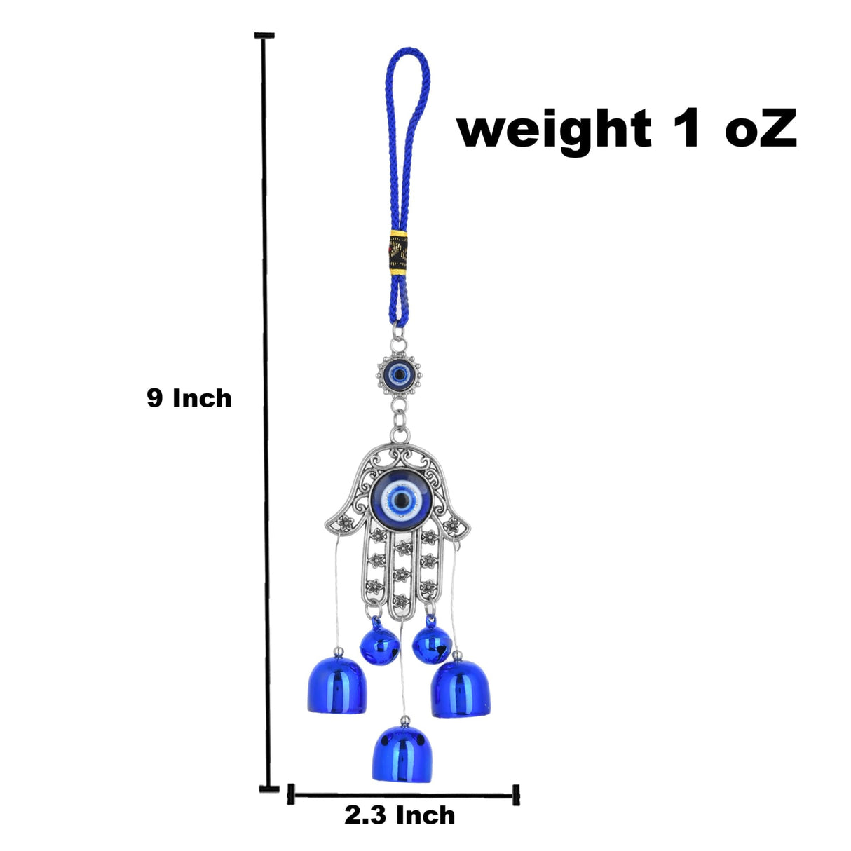 Blue Hamsa Hand Evil Eye Charm with Bells Beads Silver Frame 9 Inch
