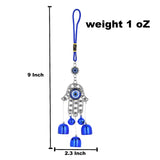 Blue Hamsa Hand Evil Eye Charm with Bells Beads Silver Frame 9 Inch