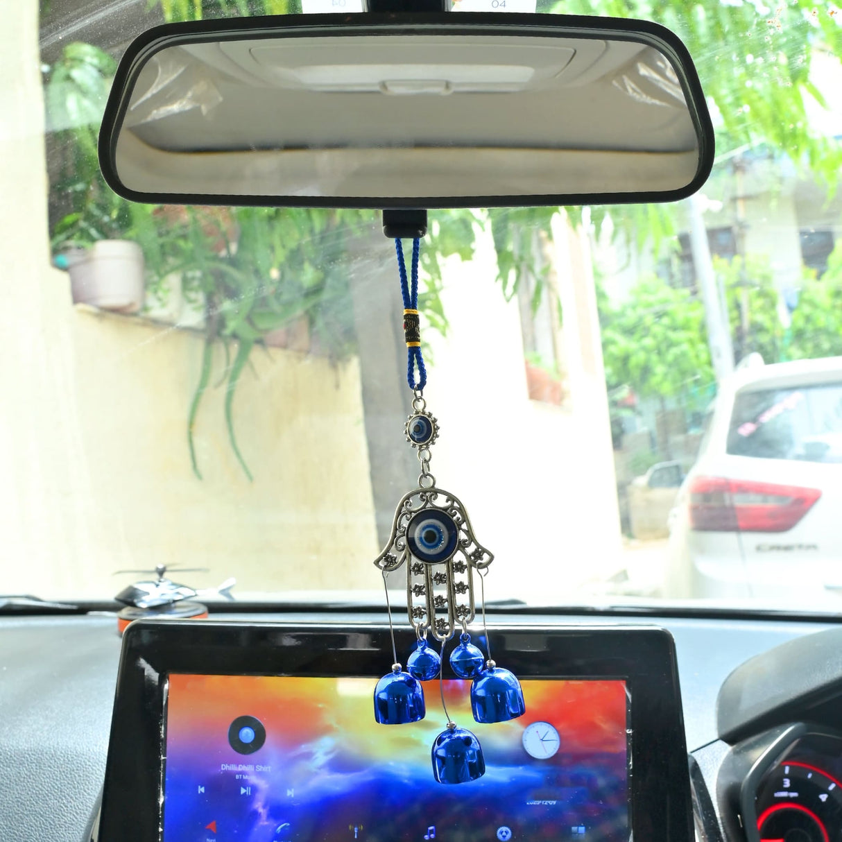 Blue Evil Eye Hamsa Hand Car Charm with Silver Beads, 9 Inch Nazar Amulet