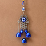 Blue evil eye hamsa hand wall hanging with bells, Turkish Nazar amulet