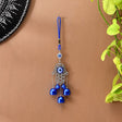 Blue Evil Eye Hamsa Hand Charm with Bells, Beads, and Silver Frame