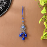 Blue Evil Eye Hamsa Hand Charm with Bells, Beads, and Silver Frame