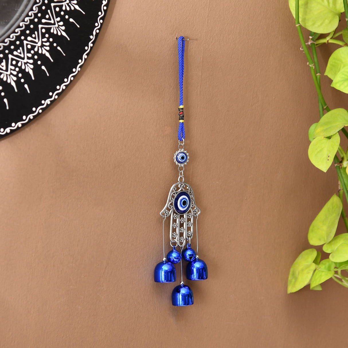 9-inch blue evil eye hamsa hand hanging ornament with bells, beads, silver frame