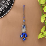 9-inch blue evil eye hamsa hand hanging ornament with bells, beads, silver frame