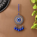 Handcrafted 6-inch blue Turkish Nazar evil eye ceramic wall hanging with bells and beads