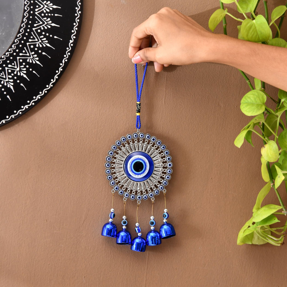 Blue Turkish Nazar Evil Eye Wall Hanging with Bells and Beads, 6 Inch