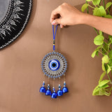 Blue Turkish Nazar Evil Eye Wall Hanging with Bells and Beads, 6 Inch