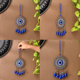 Handcrafted 6-inch blue Turkish Nazar evil eye wall hanging with silver tassels