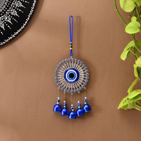 Handcrafted 6-inch blue Turkish Nazar evil eye wall hanging with bells and beads