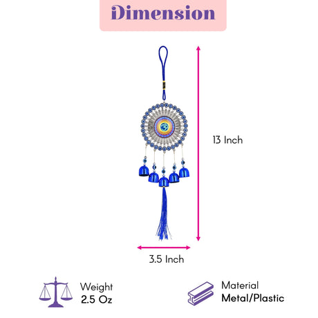 Blue dreamcatcher evil eye chime hanging decoration with circular design metallic accents and hanging bells for protection