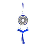 Blue dreamcatcher with silver beads, bells, evil eye, and hanging tassel