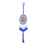 Blue Beaded Evil Eye Dreamcatcher with OM Hand, Bells, Tassel, 13 Inch Nazar Amulet Ornament