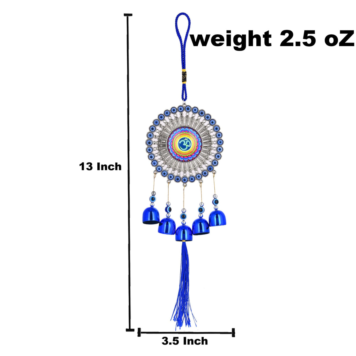 13-inch blue beaded dreamcatcher evil eye hanging charm with bells and tassel