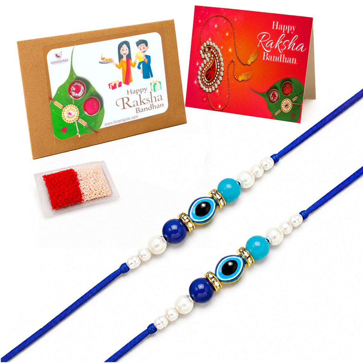Two blue cord designer evil eye bhai bhabhi rakhi bracelets with turquoise beads pearls and gold-toned charms