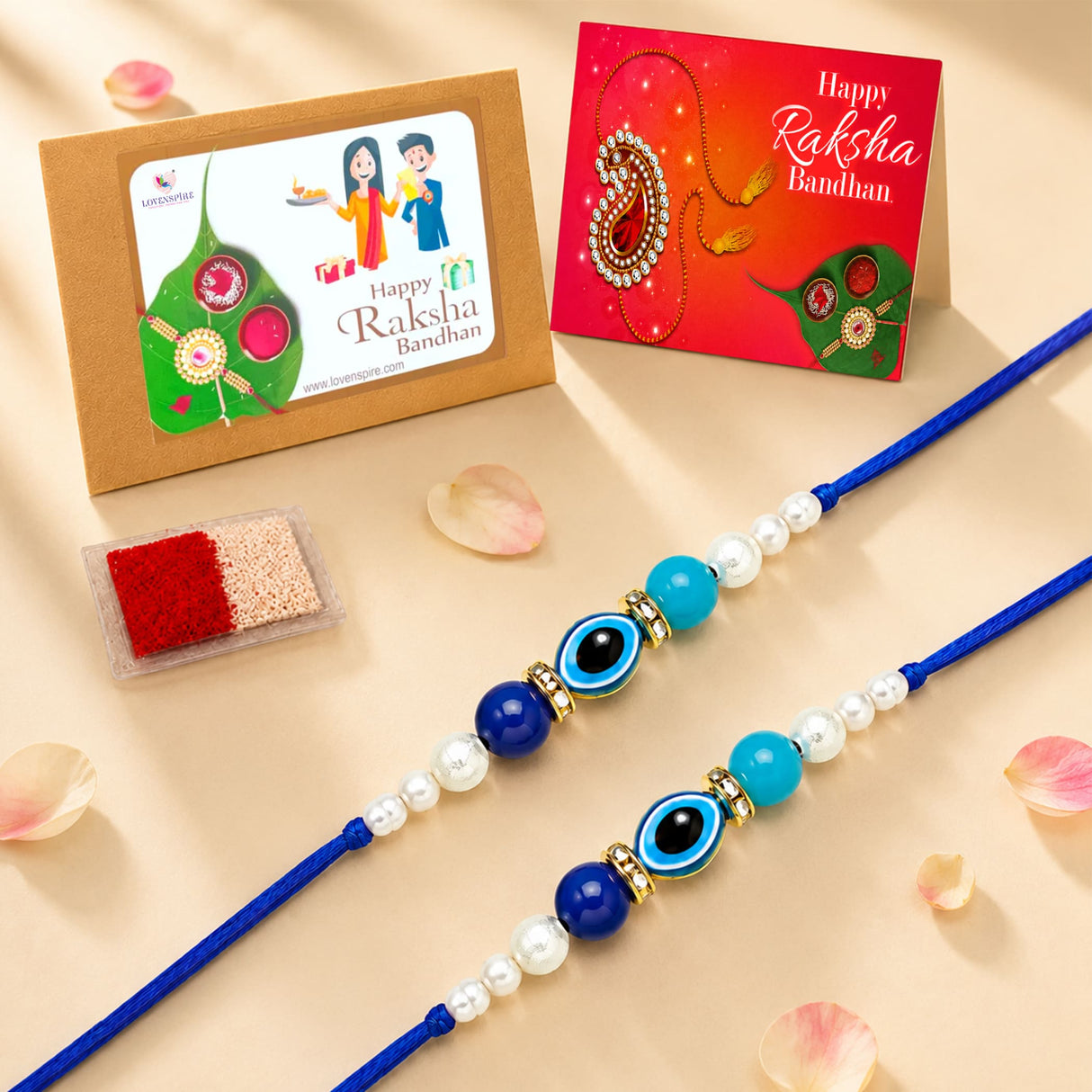 Two blue rakhi bracelets with turquoise navy beads pearls and gold-toned evil eye charms for raksha bandhan gift