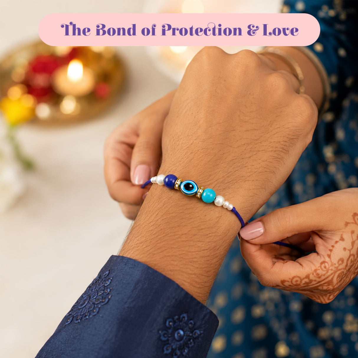A blue beaded designer evil eye rakhi bracelet with turquoise beads and white pearls for raksha bandhan gift