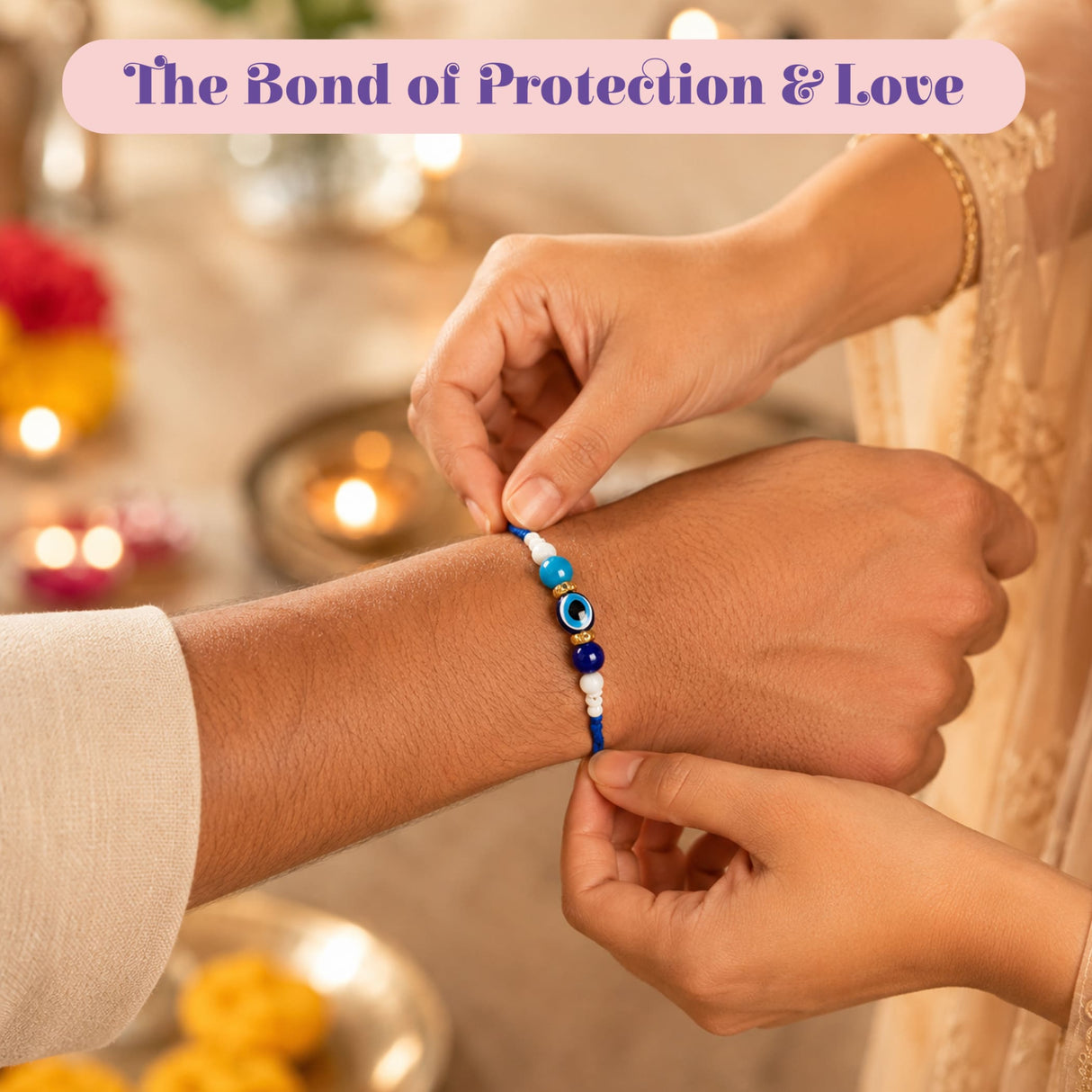 A blue beaded rakhi with turquoise white accents and central evil eye charm from Raksha Bandhan gift hamper set