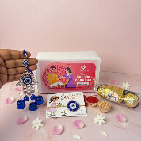 Silver hamsa hand evil eye hanging charm with blue glass beads from evil eye seed rakhi gift hamper for brother