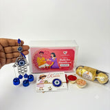 Blue and silver hamsa hand charm with dangling blue bells in evil eye seed rakhi gift hamper for brother